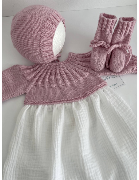 Conjunto 0m lana rosa polvo