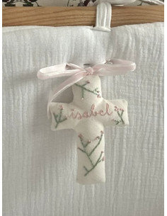 Cruz bordada rosa bebé